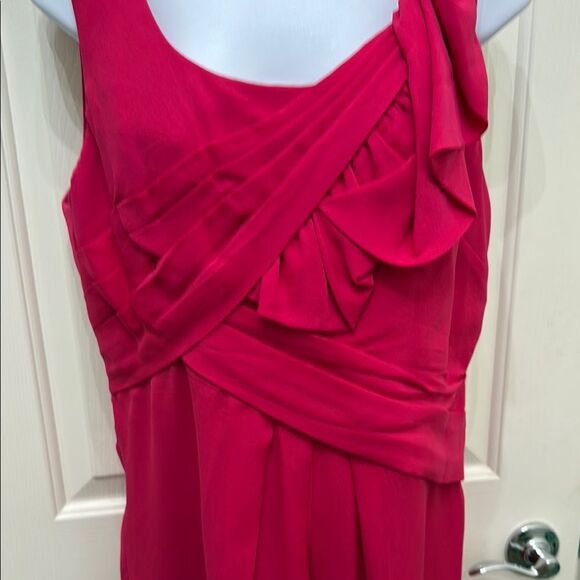 BCBGMaxAzria Fuchsia Pink Red Slimming Ruched Midi Dress Sz 12 Scoop Neck Pleat - Picture 6 of 11